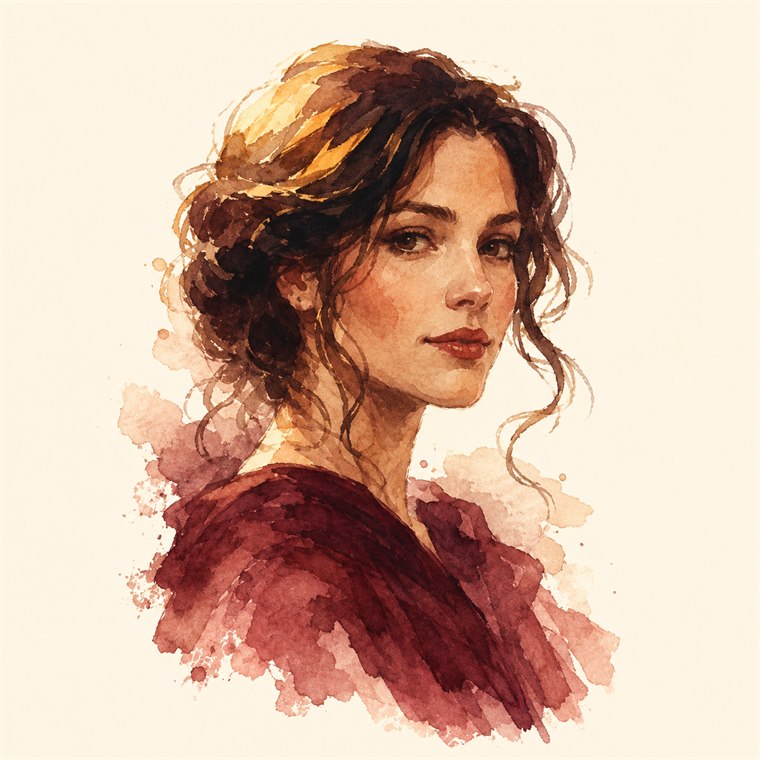 Retrato ilustrado de Íris Valmont, em aquarela