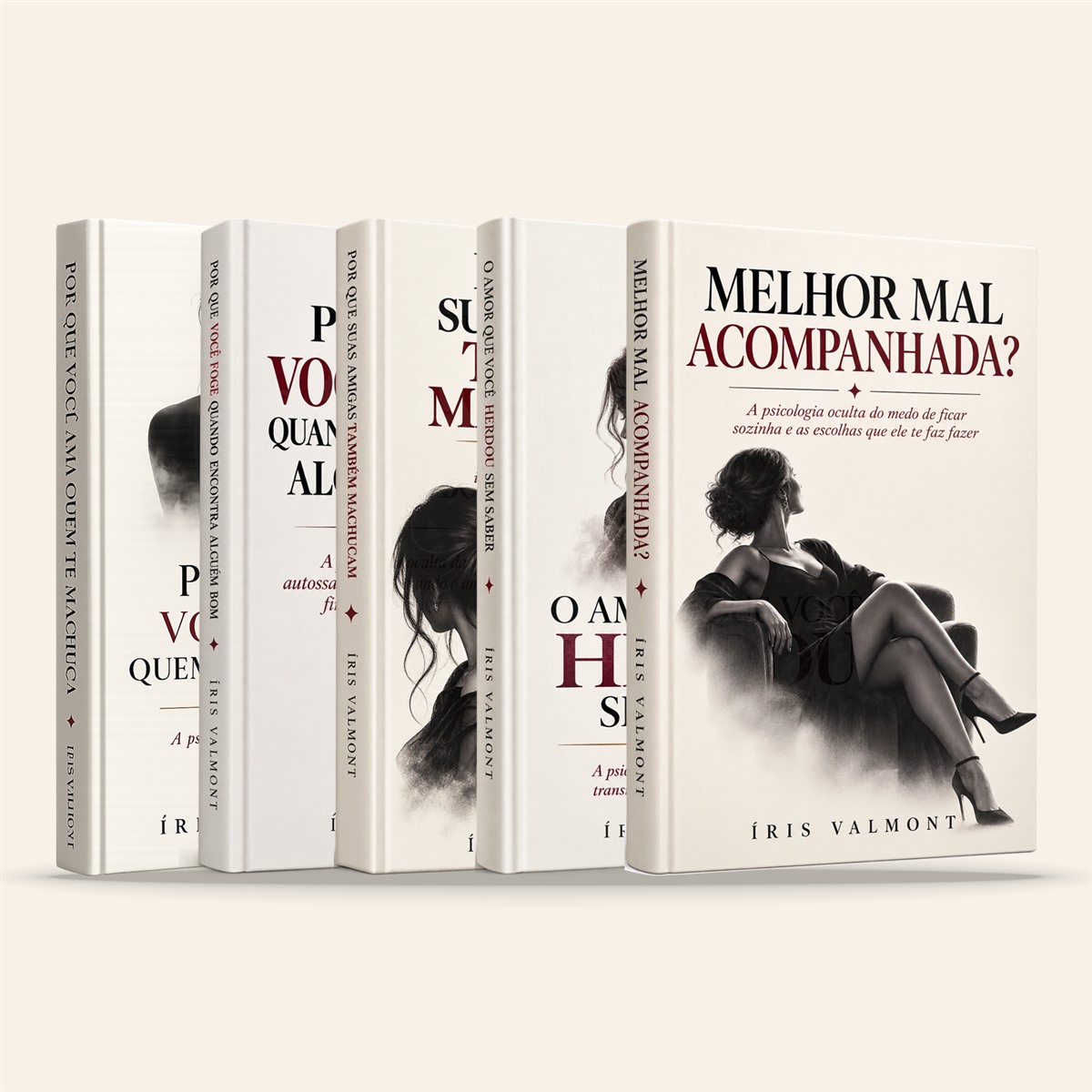 Os cinco livros da coleção de Íris Valmont enfileirados, com as lombadas à mostra